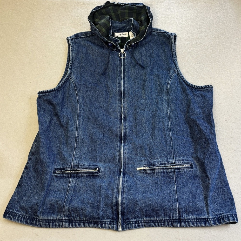 NorthStyle Denim Vest Women 2X Blue Flannel Lined Hooded Full Zip Grunge Hip Hop